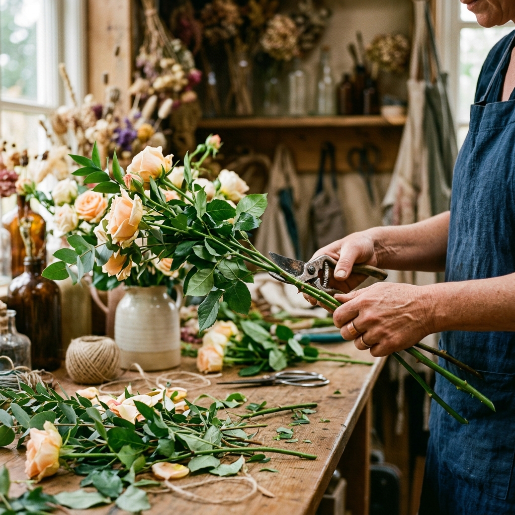 Florista selecionando com cuidado e limpando os caules das flores no ateliê